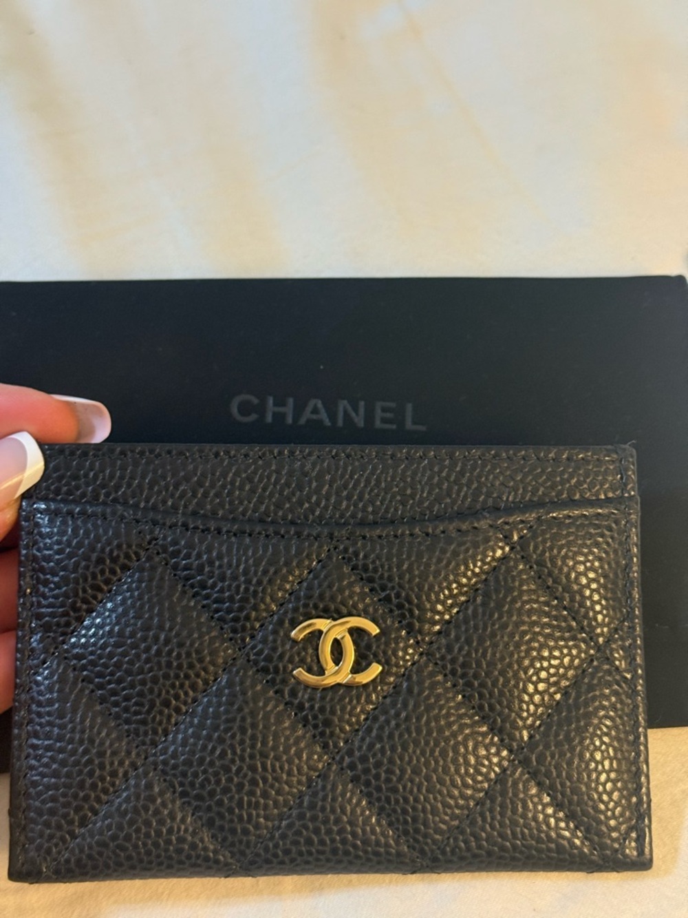 CHANEL Black Quilted Caviar Card Case with Gold CC